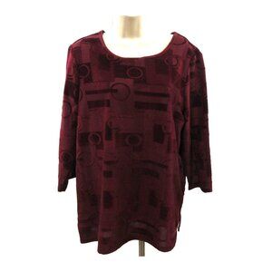 Chico's Tunic Top Sz 2 (12/14) Textured Velvet Burgundy Burnout 3/4 Sleeve Lined